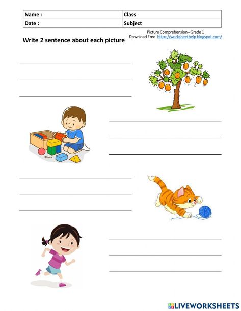 Writing online worksheet for grade 2. You can do the exercises online or download the worksheet as pdf. English Writing Skills Grade 1, Picture Composition Worksheet Grade 1, Picture Composition For Kids, Picture Comprehension For Grade 1, Picture Composition Class 1, Picture Description Worksheets, Composition Worksheet, Picture Story Writing, Worksheets For Grade 2