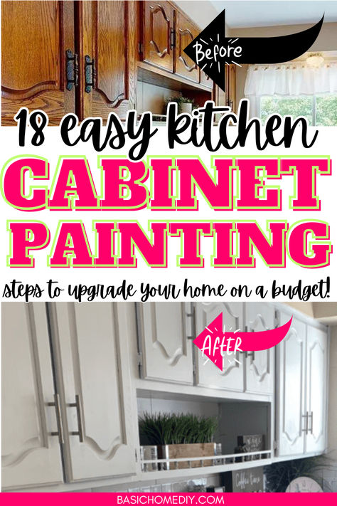 18 easy kitchen cabinet painting steps to upgrade your home on a budget. Upgrade your kitchen with kitchen renovation DIY ideas that focus on DIY kitchen cabinets painting. Complete kitchen DIY makeover, perfect for your next kitchen cabinets makeover. Learn how painting kitchen cabinets white can refresh your home. If you're planning to paint kitchen surfaces, this DIY kitchen renovation project kitchen paint ideas white cabinets is everything you need to know with cupboard painting tips. Painting 80's Kitchen Cabinets, How To Revamp Kitchen Cabinets, Kitchen Cupboard Renovation, White Paint For Cabinets Kitchen, How To Paint Cabinets Kitchen, Cabinet Redo Diy, Best Way To Paint Kitchen Cabinets, Painting Old Cabinets Kitchen, Painted Kitchen Cabinet Color Ideas