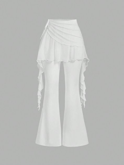 Solid Color Flared Pants With Ribbon Design, Ruched Sides And Drawstring White Elegant   Knitted Fabric Plain Flare Leg Slight Stretch  Women Clothing, size features are:Bust: ,Length: ,Sleeve Length: White Y2k Pants, Cute White Pants, Outfits Blancos, Pants With Ribbon, Pants With Skirt, Ribbon Pants, Mermaid Pants, Angel Clothes, Pretty Pants