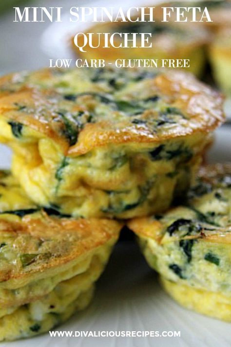 Mini Spinach Feta Quiche - Divalicious Recipes Breakfast Quiche Muffins, Spinach Feta Quiche, Quiche Recipes Crustless, Quiche Crust, Egg Quiche, Feta Quiche, Mini Quiche Recipes, Quiche Muffins, Lunch Picnic