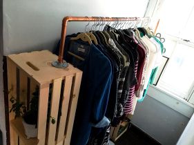 IMG_8534 Diy Clothing Rack, Clothing Rack Ideas, Clothes Rack Design, Diy Clothes Storage, Blue Shelves, Diy Clothes Rack, Diy Coat, Diy Clothes Refashion, Open Closet