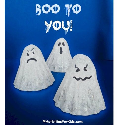 Easy Halloween Crafts for kids - Coffee filter ghost.  Make one.  Decorate and use as decorations for Halloween.  Printable for Witches Hats can be found at ActivitiesForKids.com Coffee Filter Ghosts, Fun Halloween Crafts For Kids Easy, Coffee Filter Halloween Crafts, Ghost Crafts Preschool, Waldorf Halloween, Cheap Fall Crafts For Kids, Easy Halloween Crafts For Kids, Ghosts For Halloween, Decorations For Halloween