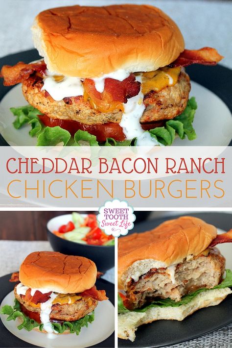 Cheddar Bacon Ranch Chicken Burgers Bacon Ranch Chicken Burgers, Cheddar Bacon Ranch Chicken Burgers, Bacon Turkey Burgers, Grilled Chicken Bacon Ranch Sandwich, Cheddar Ranch Chicken, Chicken Burger Recipe, Burger Ideas, Bacon Ranch Chicken, Ranch Burgers