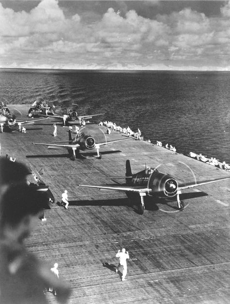 F6F Hellcat aircraft of Fighting Squadron 8 warm up on USS Intrepid's flight deck, 1943, photo 2 of 2; probably during stateside shakedown training Grumman F6f Hellcat, F6f Hellcat, Uss Intrepid, United States Navy, Flight Deck, Aircraft Carrier, Fighter Planes, Royal Navy, Second World