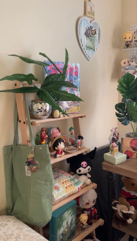 shelf, room decor, one piece, plants Plushie Shelf Aesthetic, One Piece Room, Shelf Room Decor, Shelf Decor Aesthetic, Cute Shelf, Bedroom Setup, Pinterest Room Decor, Cute Room Ideas, Pretty Room