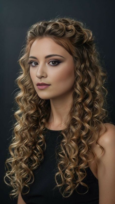 Hairstyle With Curls Wedding, Half Up Half Down Wedding Hair With Headpiece, Curled Hairstyles Half Up, Elegant Curled Hair, Curly Event Hairstyles, Prom Hairdos For Long Hair, Long Curly Half Up Half Down, Natural Curls Wedding Hair Half Up, Curly Hairstyles Elegant Wedding