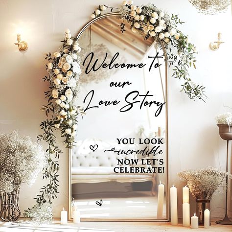 PRICES MAY VARY. Package Included: Includes 1 sheet of Wedding Mirror Sticker, size:15.7x35.4 inches."Story" lettering size: 9.5”H x 16.4”W inches, "Welcome to love story" display size: 17.5”H x 37.5”W inches,(You can adapt by yourself) Reliable Material: Wedding Welcome Entryway Sticker Decor is made of non-toxic vinyl material, printed with a clear pattern, peel and stick ​Decoration Scenes: With its adhesive backside,this Wedding Welcome Sign Vinyl Decals can be applied on most flat surface, Modern Timeless Wedding Decor, Wedding Signage Easel, Vintage Mirror Wedding Decor, Diy Selfie Mirror Wedding, Wedding Mirror Sign With Flowers, Great Gatsby Wedding Decor, Wedding Hallway Decor Entrance, Arch Decor For Wedding, Barrels For Wedding Decor