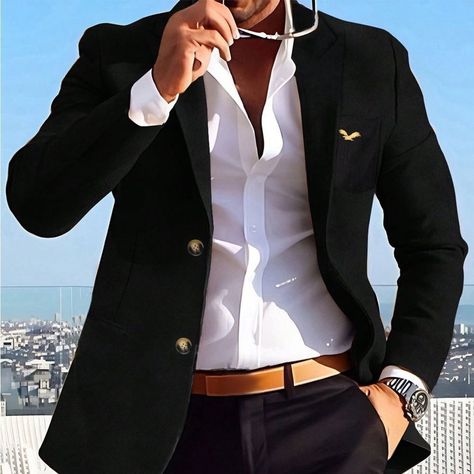 Men's Casual Notched Blazer, Color: Solid Black 100% Polyester Black Blazer Outfits For Men, Suit Blazers For Men, Suits Men Work, Men Black Blazer Outfit, Men In Blazer, Black Suit Men Casual, Men Blazer Outfit For Wedding, Male Clubbing Outfits, Black Suit Outfit Men