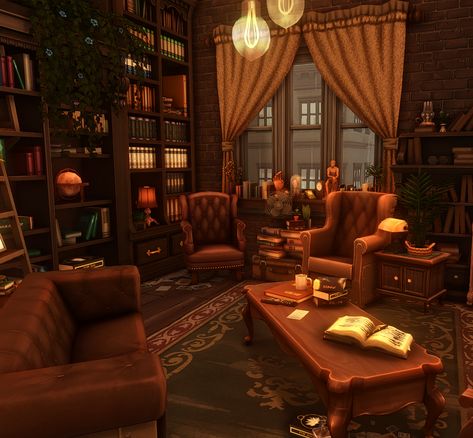 Sims 4 Old House Interior, Sims 4 Home Library, Autumn House Sims 4, Sims Mansion Interior, Sims 4 Ranch Interior, Sims 4 Victorian Living Room, Sims 4 Victorian House Interior, Sims 4 Library Ideas, Sims Home Decor