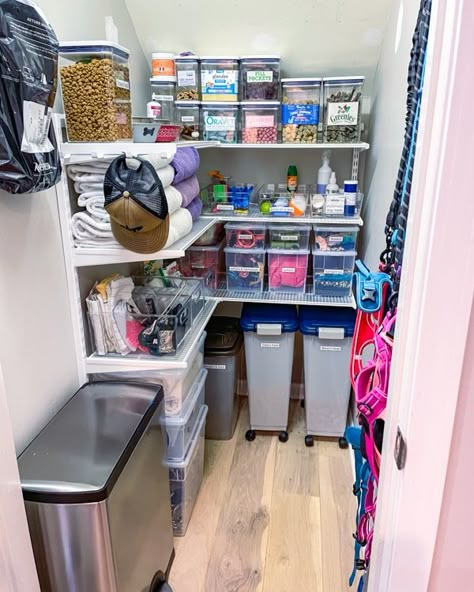 Mud Room Ideas Dog Food, Dog Drawer Organization, Pet Cabinet Organization, Dog Storage Organization, Dog Clothing Storage Ideas, Dog Boarding Storage Ideas, How To Store Dog Stuff, Dog Cabinet Organization, Dog Item Storage