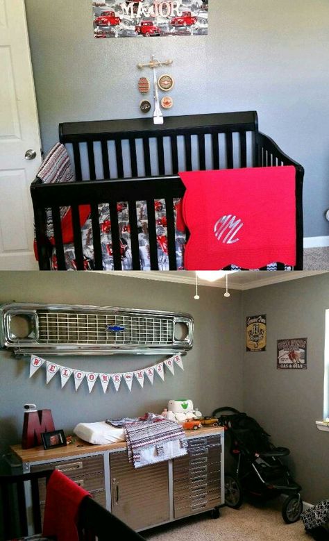 Baby Boy Nursery Room Ideas, Boy Nursery Cars, Car Themed Nursery, Vintage Car Nursery, Nursery Room Ideas, Truck Nursery, Car Nursery, Vintage Chevy, Cars Room