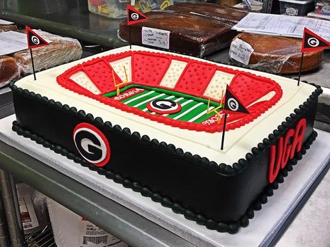 Georgia Football Stadium Grooms Cake - Adrienne & Co. Bakery Georgia Cake Bulldogs, Georgia Bulldogs Birthday Cake, Georgia Football Party, Georgia Bulldog Cake Ideas, Uga Birthday Cakes, Ga Bulldog Cake, Grooms Cake Football, Stadium Cake Football, Georgia Grooms Cake