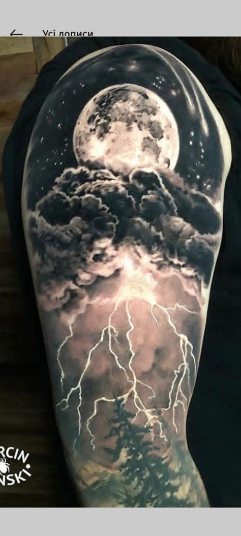 Clouds And Stars Tattoo, Tornado Tattoo, Shoulder Cover Up Tattoos, Moonlight Tattoo, Night Sky Tattoos, Realistic Tattoo Ideas, Arm Cover Up Tattoos, Blitz Tattoo, Cloud Tattoo Sleeve