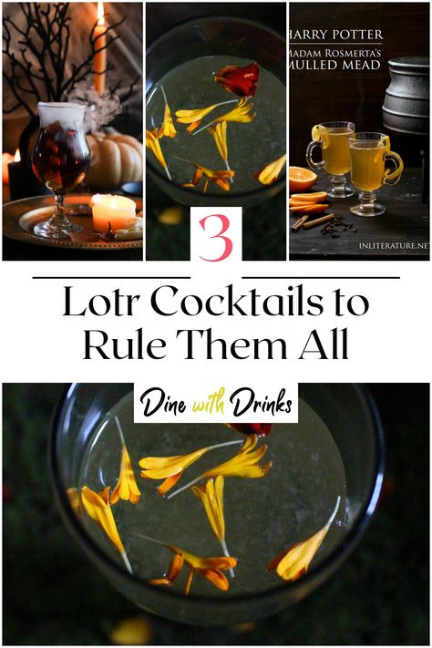 Collage of 4 lotr cocktails. Hobbit Themed Cocktails, Lotr Inspired Drinks, Lord Of The Rings Themed Drinks, Hobbit Themed Drinks, Middle Earth Themed Party, Lord Of The Rings Drinks Recipes, Lotr Themed Drinks, Lotr Inspired Food, Lord Of The Rings Cocktail