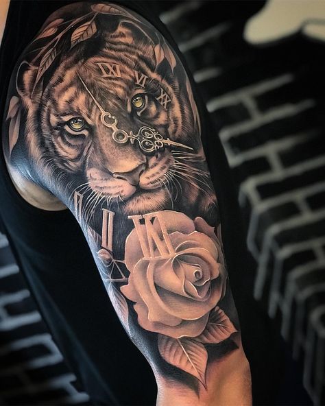 Tiger. ⚜️⚜️⚜️ #tattoo #tattoooftheday #tiger #stockholm #sweden #europe #blackandgrey #bng #empireinks #empireinksproteam #kirtattoo Tiger Tattoo Sleeve, Cool Shoulder Tattoos, Lion Tattoo Sleeves, Lion Head Tattoos, Tiger Tattoo Design, Mens Shoulder Tattoo, Half Sleeve Tattoos For Guys, Bicep Tattoo, Chest Tattoo Men