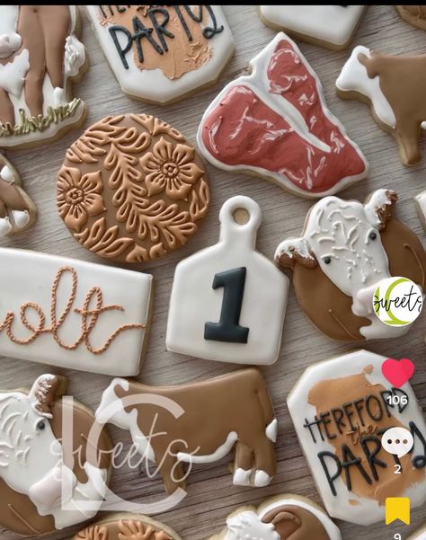 Carhartt Cookies, Ear Tag Cookies, Cow Cookie Decorated, How The West Was One Cookies, Ffa Cookies Decorated, Cow Gender Reveal Cookies, Cow Cookies Decorated, 1st Rodeo Cookies Boy, Ffa Cookies