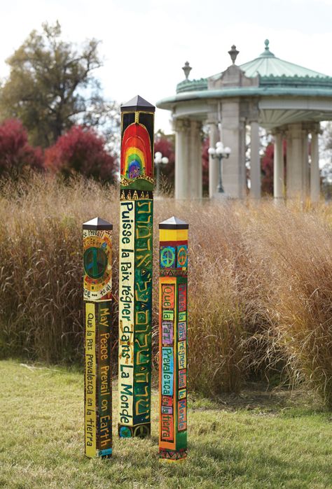 Peace poles! Garden/playground art kids could design - Studio M Peace Poles by Stephanie Burgess Peace Poles, Peace Garden, Peace Pole, Garden Totem, Art Pole, Painted Post, Garden Totems, Garden Poles, Pole Art