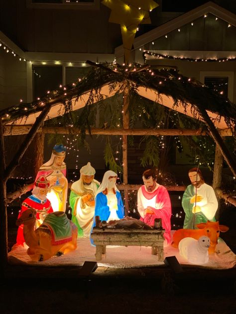 Porch Nativity Scene, Nativity Set Outdoor, Front Yard Nativity Scene, Nativity Scene Outdoor Yard Decorations, Blow Mold Nativity Display, Nativity Scene Display Indoor Ideas, Christmas Nativity Scene Display, Kids Church Decor, Nativity Scene Display