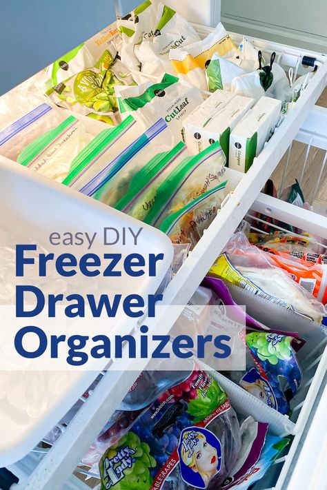 If you have a refrigerator that has a pull-out bottom drawer style freezer you may like this idea on how to organize freezer drawers for a few dollars. It is easy to do and will have your freezer organized once and for all. Freezer Drawer Organization, Organize Freezer, Decorate Kitchen Shelves, How To Decorate Kitchen Shelves, Freezer Storage Organization, Chest Freezer Organization, Drawers Diy, Decorate Kitchen, Freezer Drawer