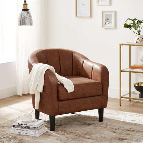 Trent Austin Design® Gimenez 26.4'' Wide Armchair & Reviews | Wayfair.ca Leather Barrel Chair, Tufted Arm Chair, Modern Transitional, Upholstered Arm Chair, Barrel Chair, Leather Armchair, Toss Pillows, Small Space Living, Transitional Design