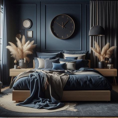 Dark Blue Bedroom Navy Blue And Copper Bedroom, Dark Navy Master Bedrooms Decor, Grey Blue Accent Wall Bedroom, Dark Blue Home Aesthetic, Dark Teal Walls Bedroom, Dark Blue Bedroom Furniture, Blue Bronze Aesthetic, Dark Blue And Wood Bedroom, Moody Blue Bedroom Ideas