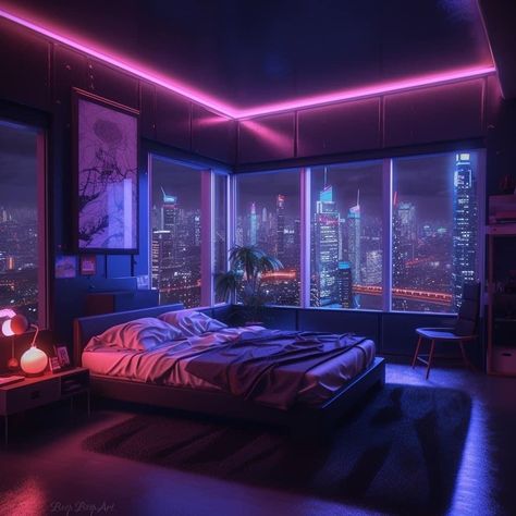 Bedroom Tv Wall Ideas Modern, Boy Bedroom Aesthetic, Cyberpunk Aesthetic Room, Bedroom Tv Wall Ideas, Futuristic Rooms, Tv Wall Ideas Modern, Cyberpunk Bedroom, Cyberpunk House, Vaporwave Room