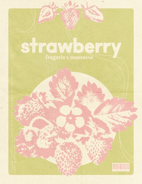 Strawberry Field Illustration, Strawberry Poster Aesthetic, Fruit Graphic Design Poster, Strawberry Guy Poster, Cottagecore Graphic Design, Strawberry Graphic Design, Fruit Graphic Design, Strawberry Poster, Pastel Posters