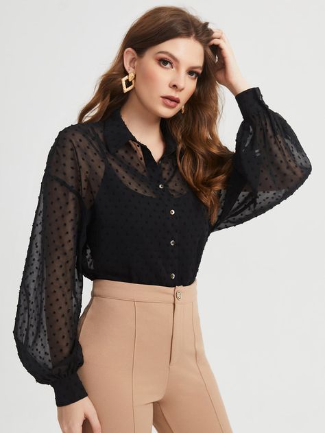 SHEIN Polka Dot Print Bishop Sleeve Chiffon Blouse Without Bra | SHEIN USA Chiffon Tops Blouses Classy, Sheer Blouse Outfit, Polka Dot Shirt Outfit, Black Mini Skirt Outfit, Mesh Clothing, Chiffon Tops Blouses, Without Bra, Miniskirt Outfits, Sheer Shirt