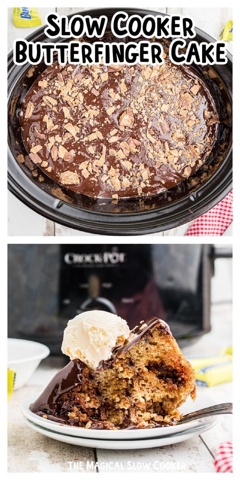 This six-ingredient Slow Cooker Butterfinger Cake is super moist and is an easy dessert that takes just a few minutes to put together. Trust me when I say that this Butterfinger cake will become your favorite dessert and a huge hit with others. - The Magical Slow Cooker Deserts In Crockpot Easy Recipes, Crockpot Cake Mix Recipes, Slow Cooker Snacks, Crockpot Desserts Easy 3 Ingredients, Crock Pot Cakes, Crock Pot Desserts Easy, Dessert Crockpot Recipes, Crockpot Recipes Desserts, Easy Crockpot Desserts