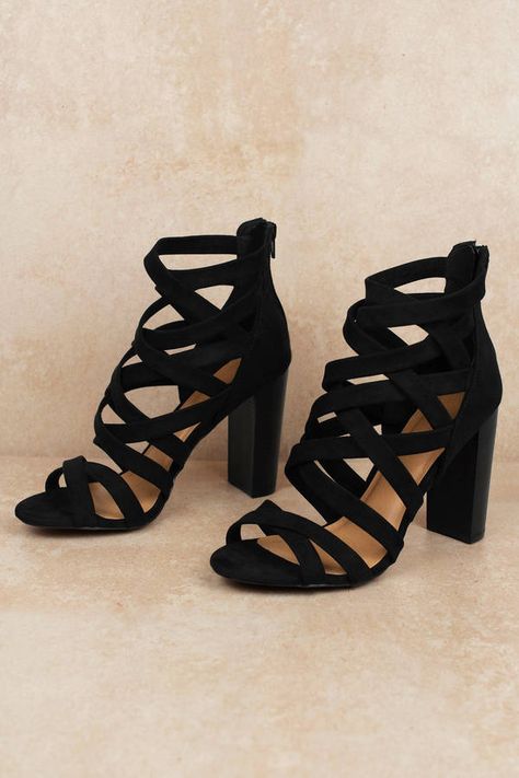 Black Strappy High Heels, Black Strap Heels, High Heel Dress Shoes, Trendy Heels, Shoes For Me, Strappy Block Heels, Fashion Shoes Sandals, High Heel Dress, Cute Shoes Heels