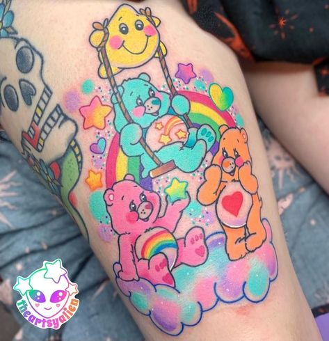 Carebears Tattoos, Girly Tattoo Sleeve, Care Bear Tattoo Ideas, Care Bear Tattoo, Mummy Tattoo, Kawaii Tattoos, 80s Wallpaper, Care Bear Tattoos, Bright Tattoos