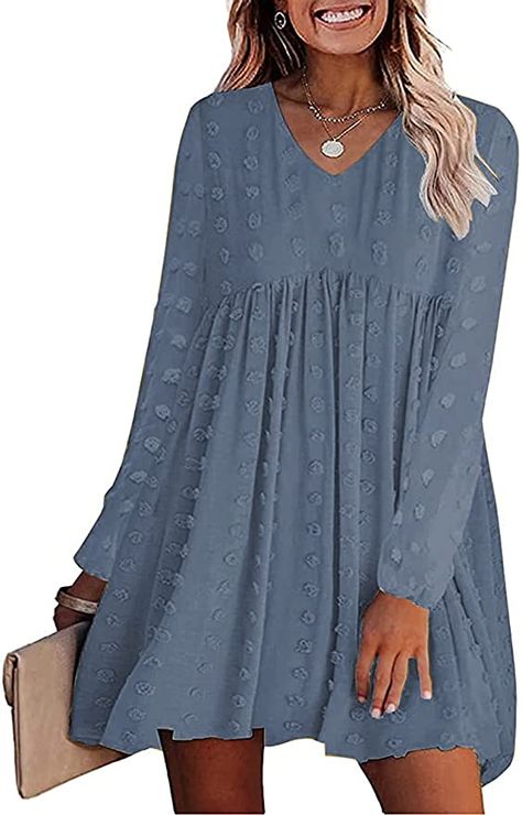 Flowy Dress Casual, Blue Flowy Dress, Chiffon Babydoll Dress, Spring Recruitment, Long Sleeve Babydoll Dress, Dresses Long Sleeves, Staple Dress, Short Lace Dress, Long Sleeve Casual Dress