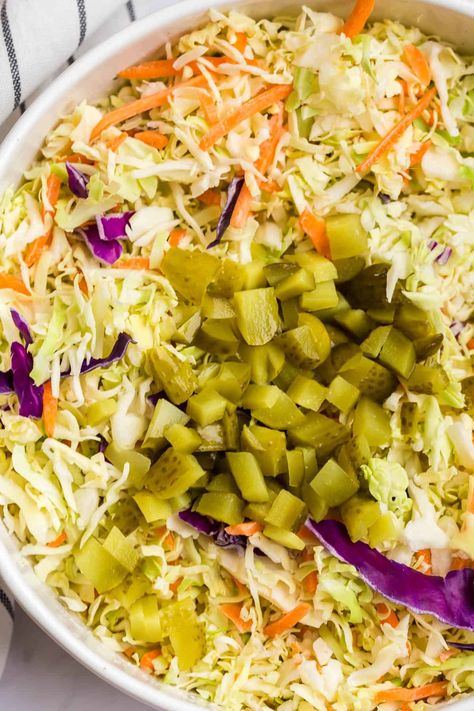 Dill Pickle Coleslaw 3 Pickle Slaw Recipe, Dill Pickle Coleslaw, Pickle Coleslaw, Pickle Slaw, Sweet Dill Pickles, Party Food Favorites, Classic Coleslaw, Garlic Dill Pickles, Kosher Dill Pickles