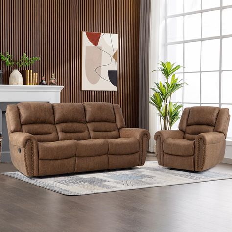 PRICES MAY VARY. MANUAL RECLINING SOFA SET：This manual reclining sofa set including one manual recliner loveseat, one 3-seater reclining sofa and one single recliner chair.The Vintage rivets design, overstuffed armrest and high backrest create a classic and traditional look that's perfect for modern style homes. Comfortable padding, excellent lumbar support and a fully upholstered seat allow you to enjoy your rest time. HIGH QUALITY FAUX LEATHER RECLILING SOFA SETS：This sofa is wrapped in high q Sofa And Recliner, Recliner Sofa Set, Brown Recliner, Recliner Loveseat, Rest Time, Living Room Recliner, Modern Style Homes, Sofa Sets, Brown Home Decor