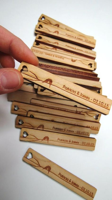 These wedding tags would be a perfect addition to add that extra special touch to your wedding favors. These tags are available in Maple, Cherry & Walnut solid wood. These choices are 1/8 thick. We also have added a more affordable material called Baltic Birch Plywood. This material is 3/32 thick. Laser Engraved Wedding Gifts, Gift Tags Wedding, Laser Cut Wood Crafts, Laser Engraved Ideas, Wedding Gift Tags, Wood Burning Crafts, Wood Tags, Cnc Wood, Wood Burning Patterns