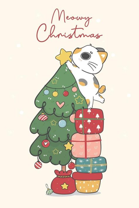 cute naughty calico kitten cat decorating a Christmas pine tree, merry catmas, cartoon animal character hand drawing doodle vector idea for greeting card Merry Christmas Card Drawing, Merry Christmas Cute Drawing, Cat Christmas Card Ideas, Christmas Cartoon Drawings, Merry Christmas Painting, Christmas Decorations Drawings, Merry Christmas Drawing, Winter Character, Cat Christmas Cards