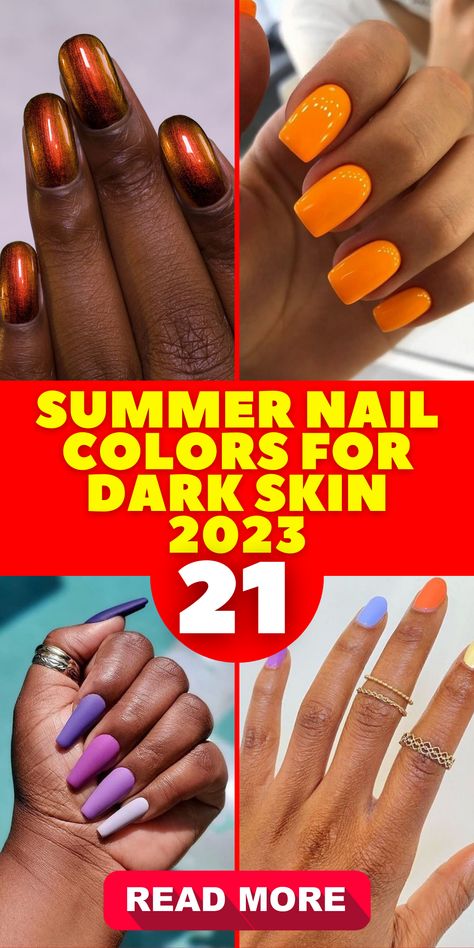 When it comes to summer nail colors for dark skin, the trends for 2023 are diverse and vibrant. From sultry purples to bold yellows, these colors not only complement dark skin tones but also embrace the lively spirit of summer. Explore the best and prettiest colors for your nails. Best Dip Nail Color For Dark Skin, Nails 2023 Brown Skin, Summer Nails 2023 Tan Skin, Summer Nails For Dark Skin Black Women, Nails 2023 Trends Brown Skin, Summer Nails 2023 Brown Skin, Summer Nails 2023 Dark Skin, Summer Nails For Brown Skin Tone, Summer Nail Polish Colors 2023