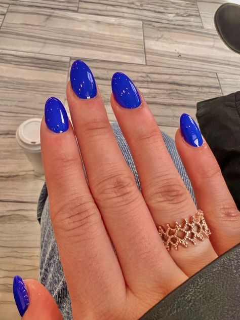 Royal Blue Acrylic Nails Round, Royal Blue Gel Nails Almond, Royal Blue Dip Powder Nails, Short Almond Royal Blue Nails, Royal Blue Almond Acrylic Nails, Blue Almond Short Nails, Royal Blue Acrylic Nails Short Almond, Neon Dark Blue Nails, Dark Blue Almond Acrylic Nails