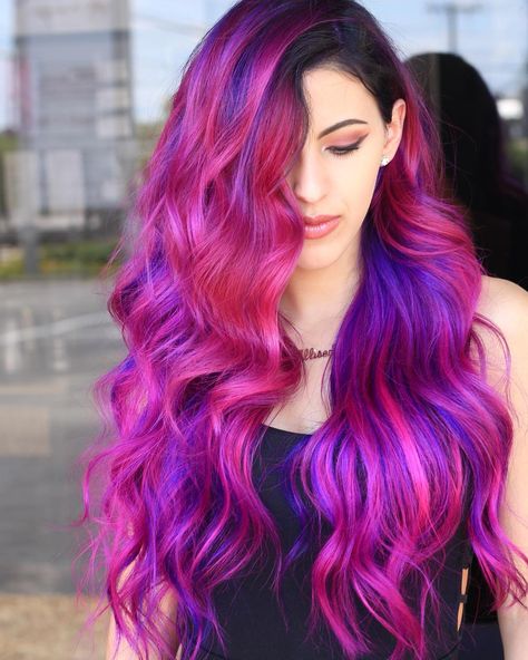 Magenta And Purple Hair Color Combos, Purple And Fuschia Hair, Long Pink And Purple Hair, Dark Purple And Magenta Hair, Hairstyles For Special Occasions, Purple And Pink Split Hair, Wild Hairstyles, Purple Wigs, Guytang Mydentity