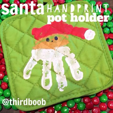 Handprint Pot Holders Christmas, Christmas Hand Print, Preschool Christmas Gifts, Kiddie Academy, Santa Handprint, Junior Kindergarten, Hand Print Tree, Handprint Christmas Tree, Christmas Potholders