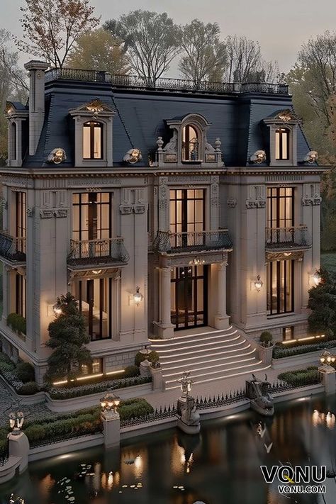 A grand French chateau with ornate architectural details, including balconies and elegant lighting, beautifully reflected in a serene pool at dusk, embodying timeless elegance and luxury. Classic French House, Parisian Chateau, Chateau House Interior, Parisian Home Exterior, Classy Houses Exterior, French Style House Exterior, Elegant Castle Exterior, French Architecture Interior, France Mansion