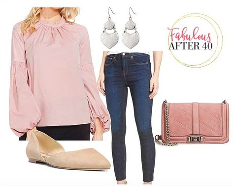 Blush Pink Top Outfit, Pink Blouses Outfit, Tshirt Outfit Ideas, Pink Top Outfit, Pink Shirt Outfit, Comfortable Casual Outfits, Victorian Collar, Blush Pink Top, Blush Pink Blouse