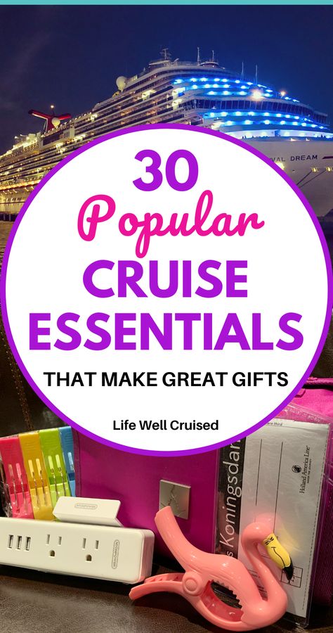 30 awesome cruise items that are useful travel items cruisers love! Whether you're looking for a gift for a cruise traveler, or need a few cruise essentials for your own cruise vacation, this list has the most recommended items for going on a cruise! #cruiseessentials #cruiseitems #cruisetravel #travelgadgets #cruiseaccesories #cruisenecessities Cruise Care Package Gift, Cruise Gift Basket Ideas, Carnival Cruise Gift Exchange Ideas, Dollar Tree Cruise Essentials, Cruise Goodie Bags Gift Ideas, Cruise Gift Basket, Cruise Essentials For Women, Cruise Gift Bag Ideas, Cruise Gift Ideas