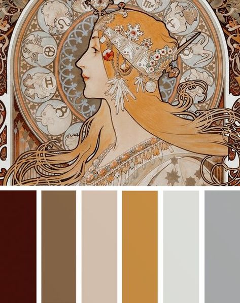 Alphonse Mucha Color Palette, Nouveau Color Palette, Art Nouveau Color Palette, Color Journal, Color Tips, Alfons Mucha, Coloring Journal, Palette Art, Food Logo