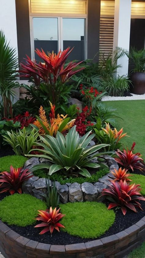 Tropical Oasis: 15 Landscaping Ideas for Small Spaces - pulsepathlife.com Tropical Front Garden Ideas, Beautiful Small Gardens Ideas, Front Garden Landscape Design, Private Front Garden, Modern Back Garden Design, Beautiful Flower Garden Ideas, Australian Garden Inspiration, Tropical Landscaping Front Yard Florida Garden Ideas, Hawaiian Landscaping Ideas