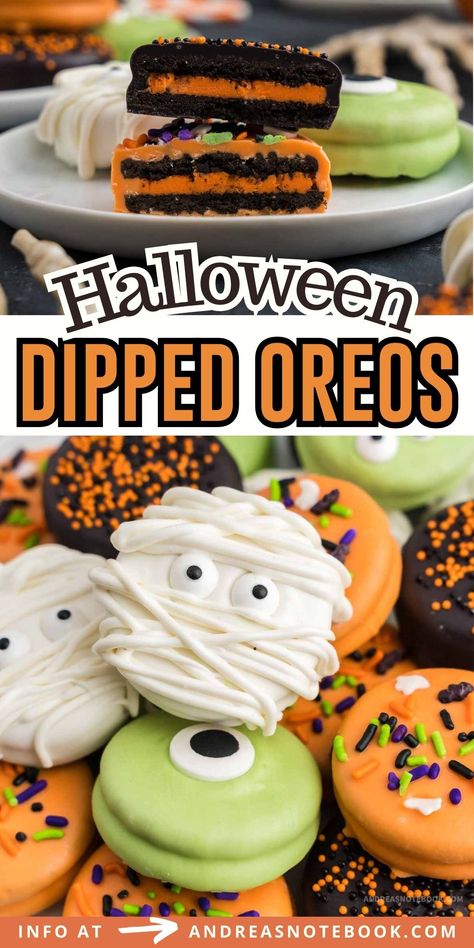 Get in the spooky spirit with these easy Halloween cookies! Dive into the world of Halloween dipped Oreos. Whether you're making a quirky mummy cookie or a fun monster cookie, these treats are a hit! Play around with green, orange, and purple cookies for a vibrant platter. Learn the ins and outs of chocolate dipped Oreos and master the art of how to dip Oreos for the ultimate Halloween delight! Monster Themed Food Ideas, Halloween Theme Sweets, Mummy Oreo Cookies, Oreo Mummy Cookies, Halloween Treats Brownies, Halloween Covered Oreos, Halloween Twinkies, Chocolate Covered Oreos Halloween, Halloween Bake Sale Treats