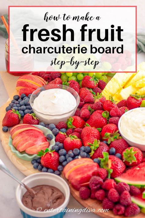 Here’s a step-by-steo guide showing you how to make a fresh fruit charcuterie board. It makes the most delicious and colorful appetizer idea for any special occasion. How To Make A Fruit Charcuterie Board, Breakfast Fruit Board, Fresh Fruit Charcuterie Board, Fruit Board Platter, Charcuterie Board Fruit And Cheese, Charcuterie Board Ideas Fruit, Fruit Ideas For Party, Charcuterie Fruit Board, Baby Shower Fruit Ideas