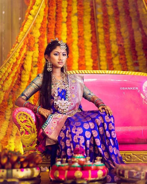 Photraits (@photraits) on Instagram: “Looks like the bahubali fever hasn't sunk in yet! This lil princess is all beautifully decked up…” Saree Function, Half Saree Function, Half Saree Lehenga, Half Saree Designs, Wedding Silk Saree, Indian Bridal Fashion, Blouse Design Models, Saree Dress, South Indian Bride