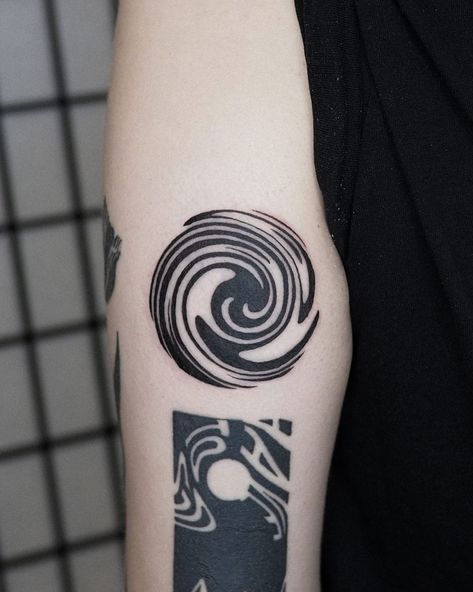 Spiral Tattoo On Elbow, Ripple Effect Tattoo, Abstract Shape Tattoo, Spiral Tattoos For Women, Spiral Elbow Tattoo, Spiral Hand Tattoo, Spiral Star Tattoo, Swirl Tattoo Spirals, Inverse Tattoo