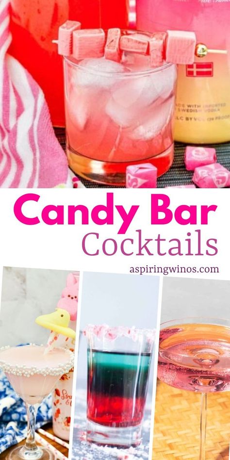 Candy Bar Cocktail Recipes | Candy Bar Cocktail Recipes to Satisfy Your Sweet Tooth | Boozy Candy Bar Drink Ideas | Sweet Cocktails You Need To Try | Chocolate Bar Cocktails | Sweet Candy Cocktail Recipes #CandyBar #Cocktails #CocktailRecipes #CandyBarCocktails #SweetTooth Kiddie Cocktail Bar, Candy Themed Cocktails, Cocktails With Candy, Candy Drinks Alcohol Recipes, Bar Drink Ideas, Candy Cocktail Recipes, Sweet And Sour Mix Recipe, Boozy Candy, Candy Alcohol Drinks